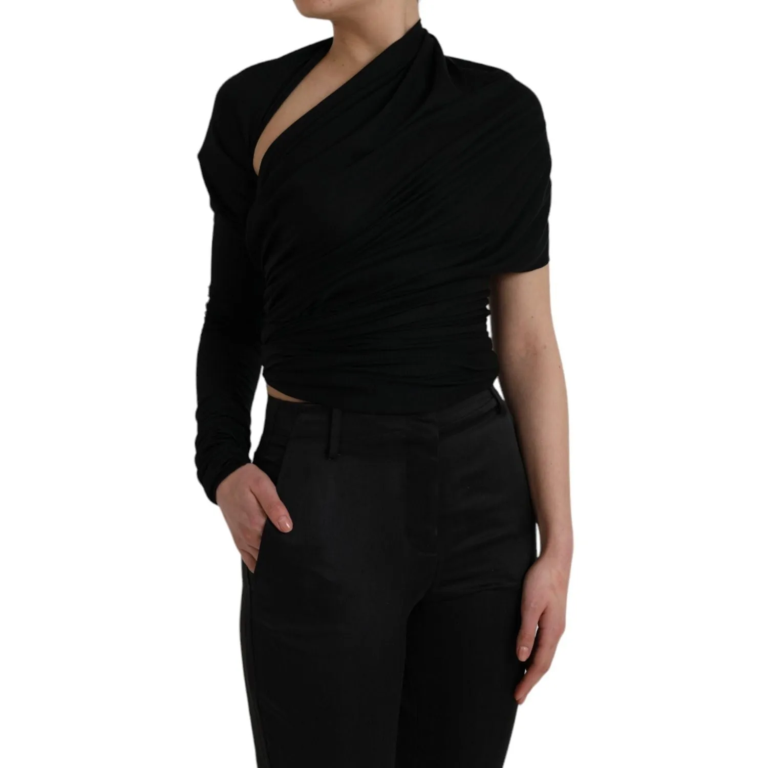 Dolce & Gabbana Black Wool Cutout Asymmetric Long Sleeve Top