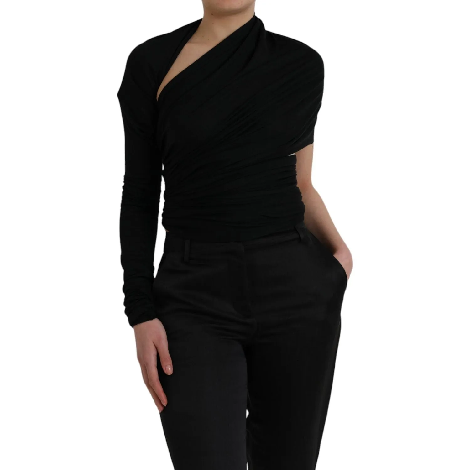 Dolce & Gabbana Black Wool Cutout Asymmetric Long Sleeve Top