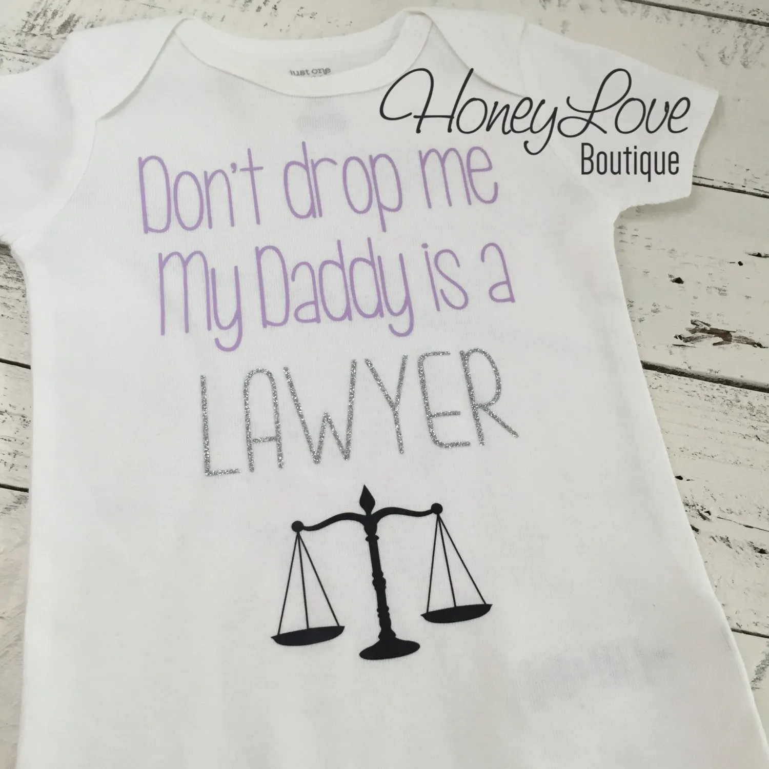 Don't drop me My Daddy is a LAWYER bodysuit - lavender, silver glitter and black