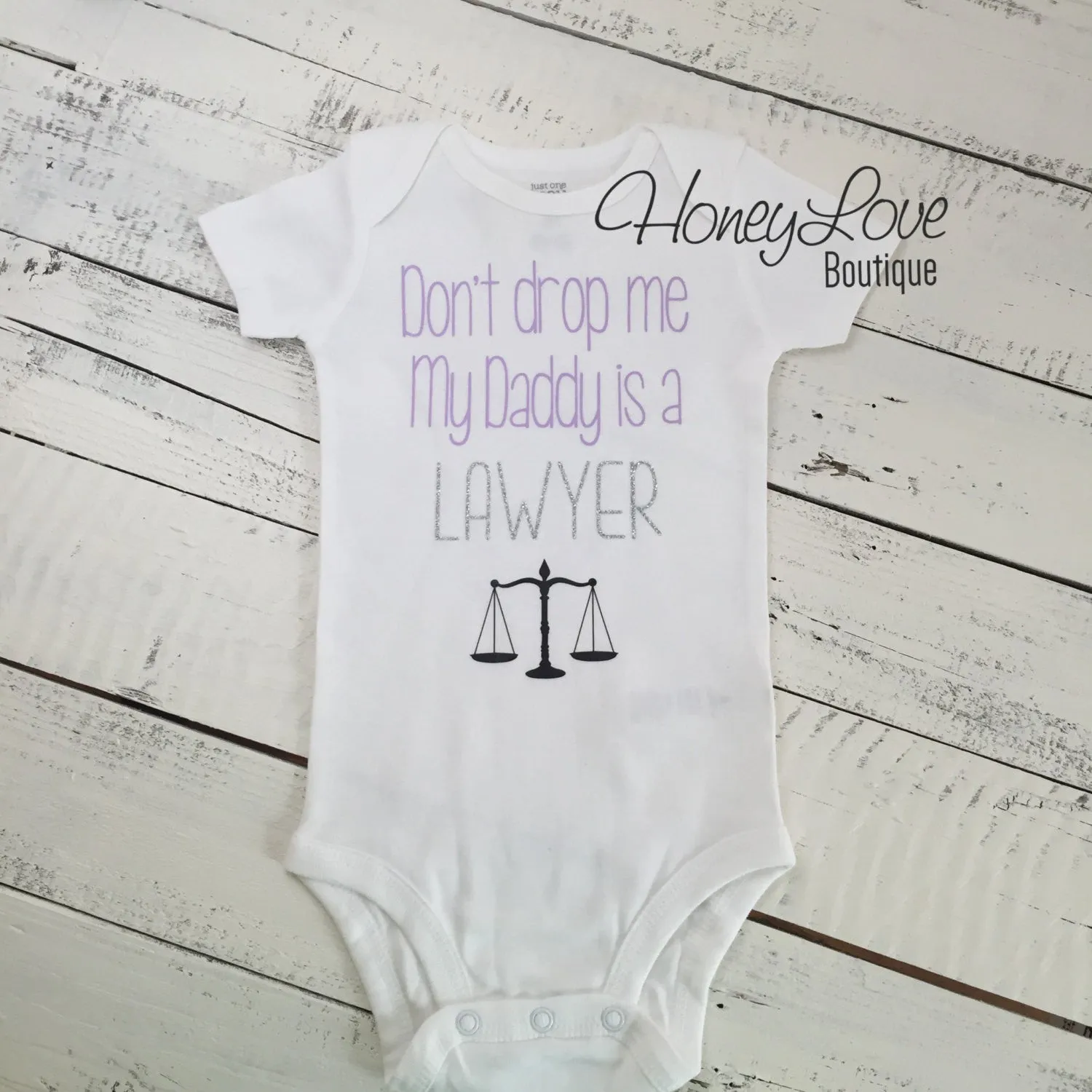 Don't drop me My Daddy is a LAWYER bodysuit - lavender, silver glitter and black