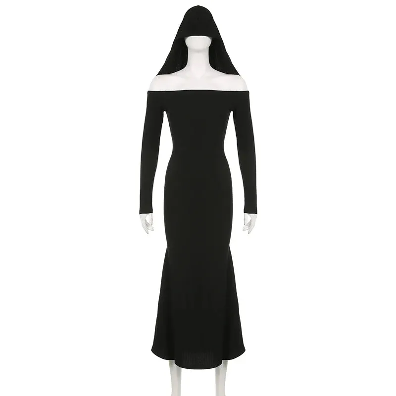 Elegant Gothic Slash Neck Autumn Dress for Women Fashion Hooded Bodycon Dark Academia Long Dress Basic Outfits Party