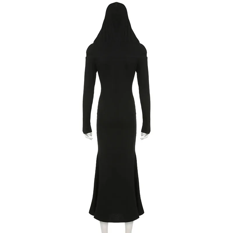 Elegant Gothic Slash Neck Autumn Dress for Women Fashion Hooded Bodycon Dark Academia Long Dress Basic Outfits Party