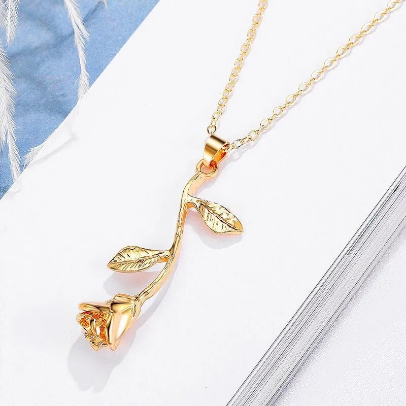 FGHGF Fashion Jewelry Collier Pink Gold Statement Pendant Rose Necklace Women's Beauty and Beast Jewelry Lovers Gifts