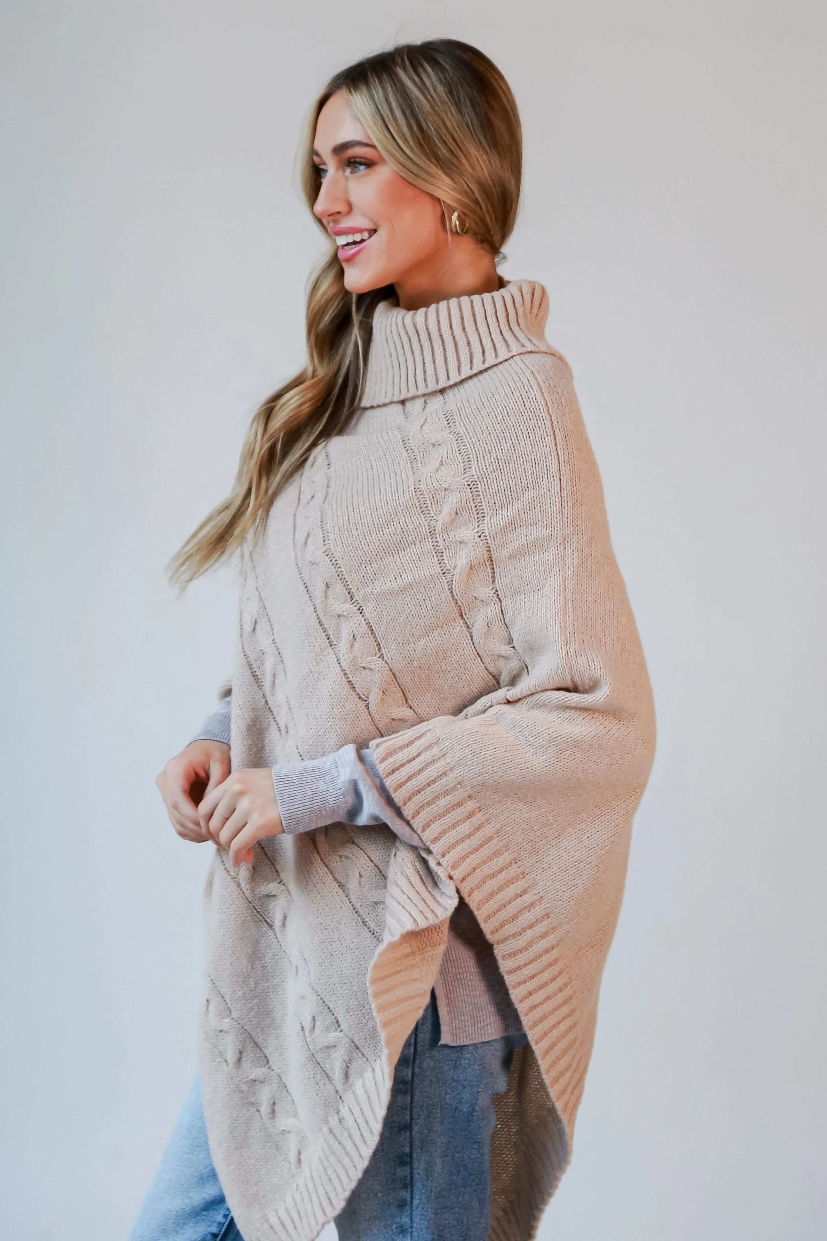 FINAL SALE - Coziest Pick Beige Cable Knit Poncho - DOORBUSTER