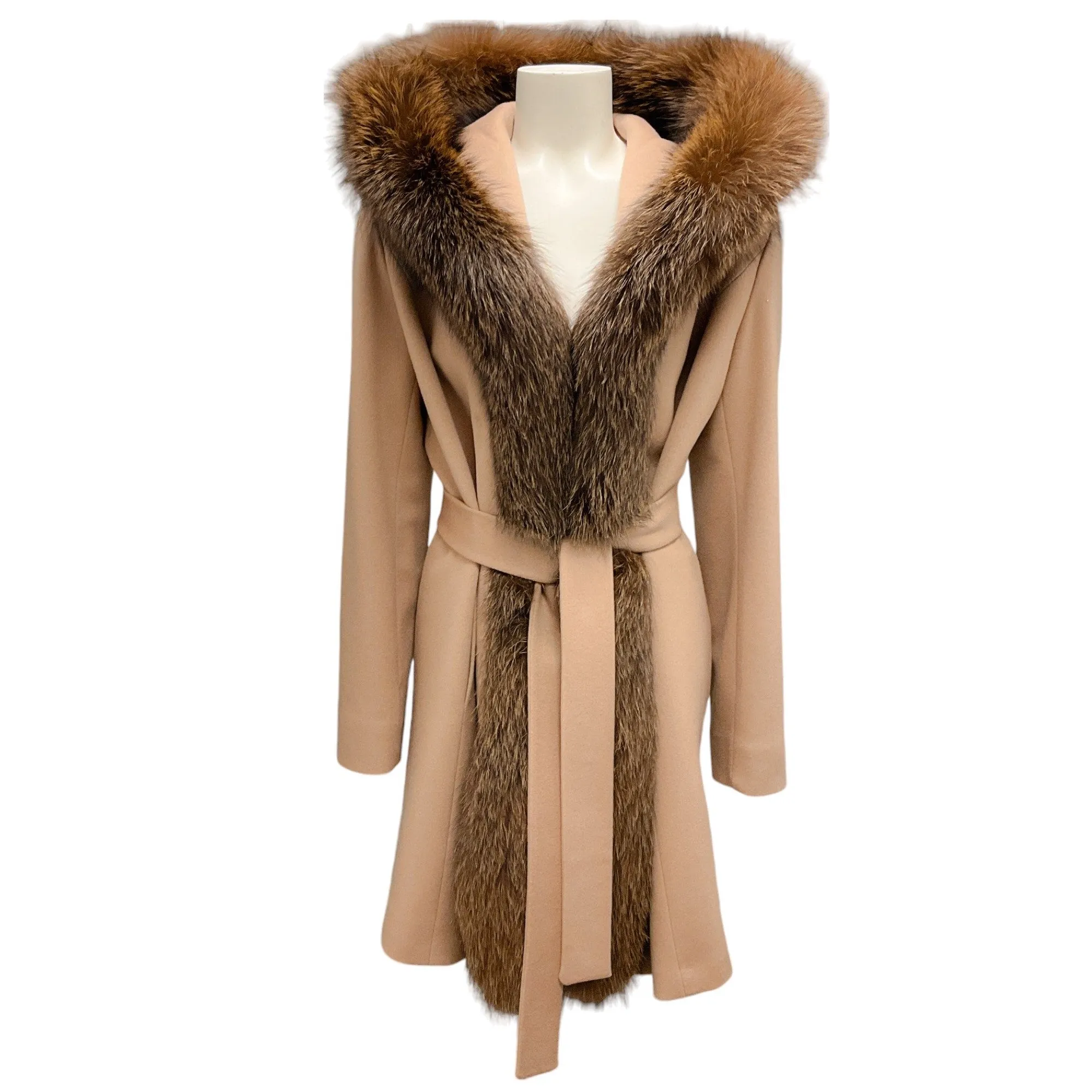 Fleurette Camel Fox Fur Trimmed Belted Wool Coat