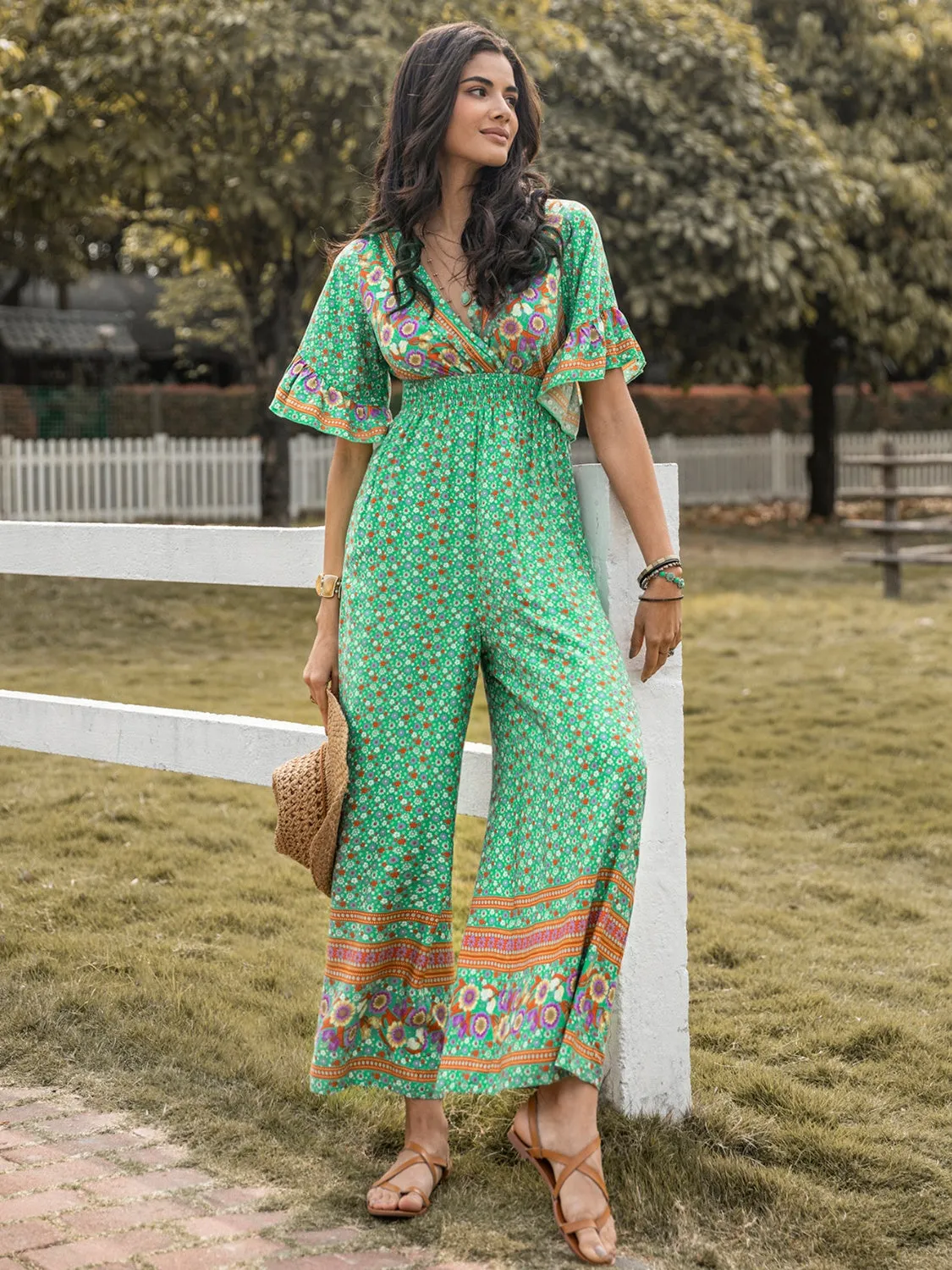 Floral Surplice Flutter Sleeve Jumpsuit