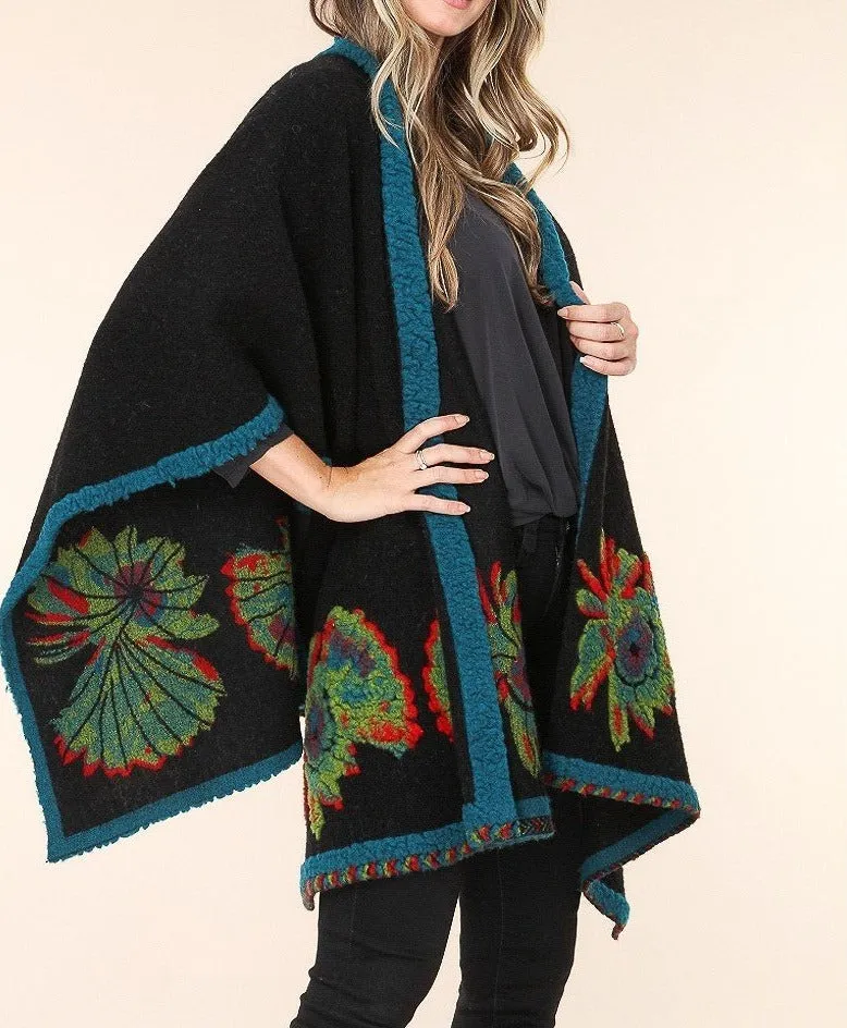 Flower Accent Knit Cape Women Poncho