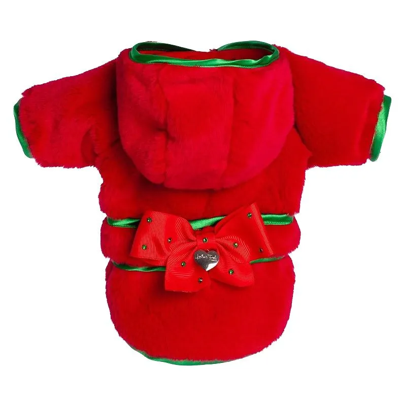 Fluffy Bow Dog Coat Green/Red