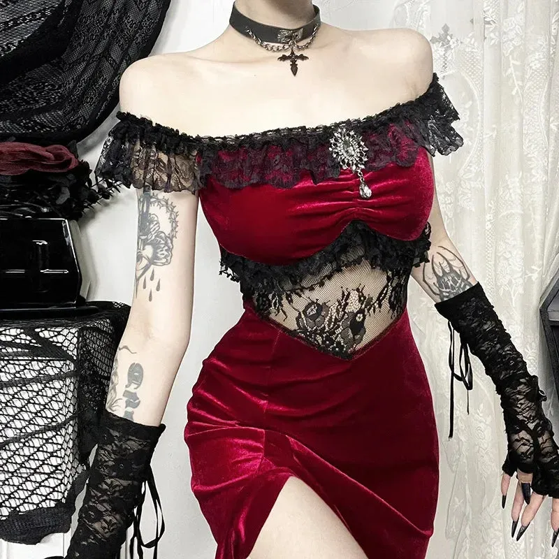 Flytonn-Halloween Outfits Halloween Gifts Gothic Style Autumn 2024 New Style Elegant Lady Sexy Off-Shoulder Velvet Irregular Dress for Women Gothic Halloween Bodycon Party Dress