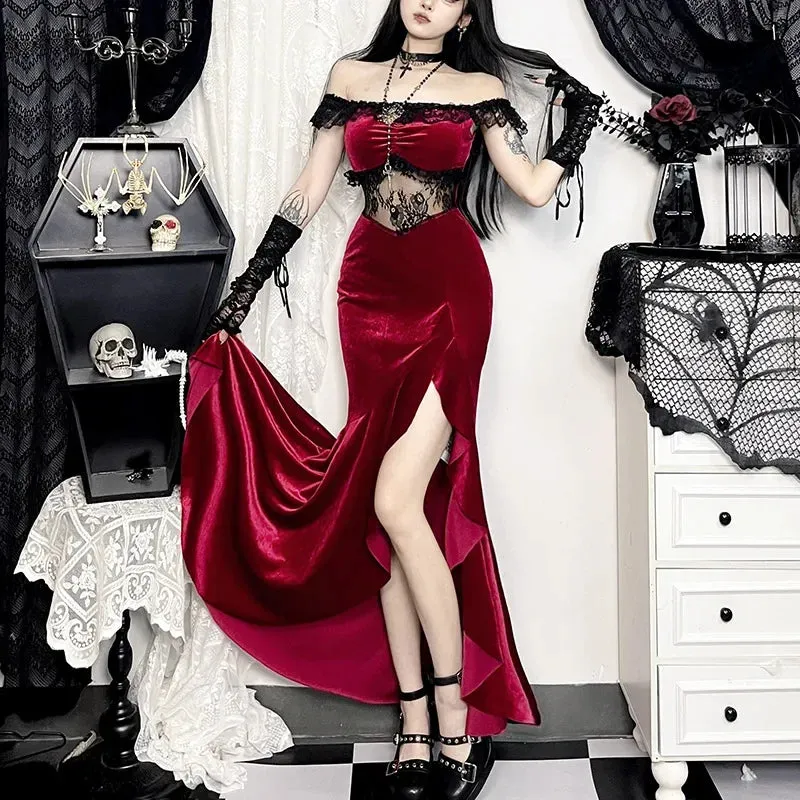 Flytonn-Halloween Outfits Halloween Gifts Gothic Style Autumn 2024 New Style Elegant Lady Sexy Off-Shoulder Velvet Irregular Dress for Women Gothic Halloween Bodycon Party Dress