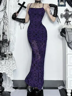 Flytonn Vintage Elegant Purple Flocking Dress Women Dark Gothic Aesthetic Strapless Bodycon Dress Sexy Evening Party Dress Femme