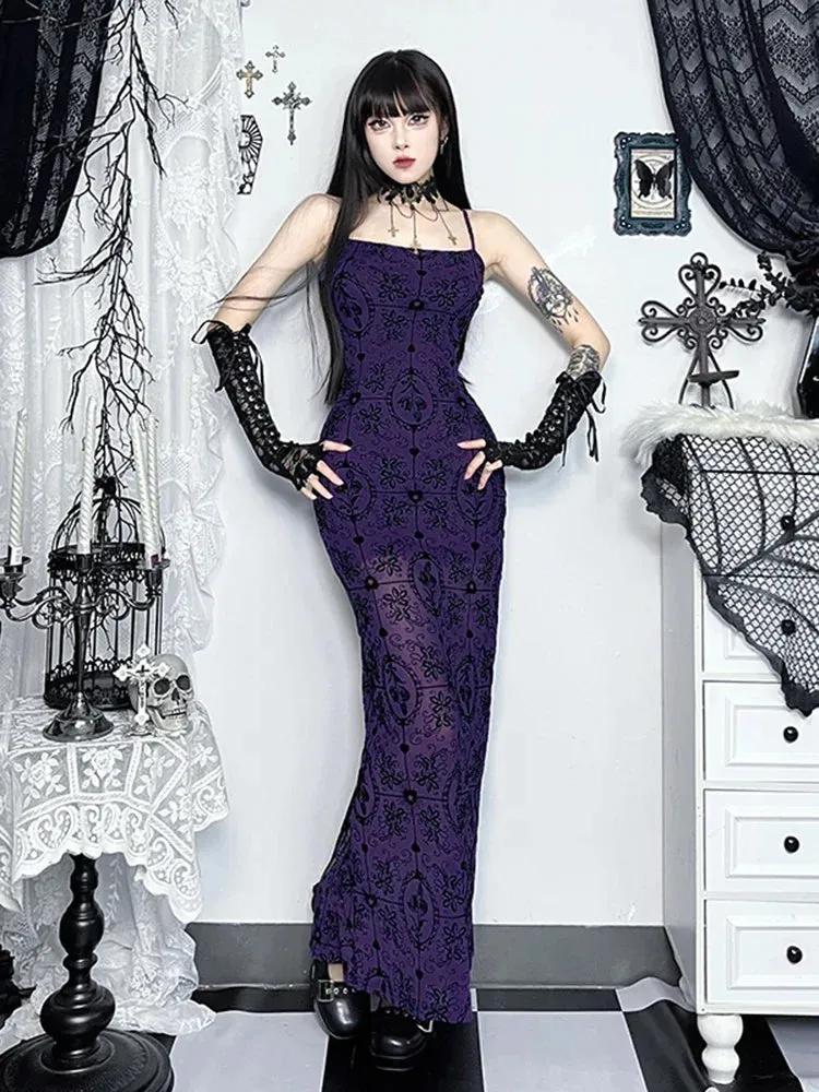 Flytonn Vintage Elegant Purple Flocking Dress Women Dark Gothic Aesthetic Strapless Bodycon Dress Sexy Evening Party Dress Femme