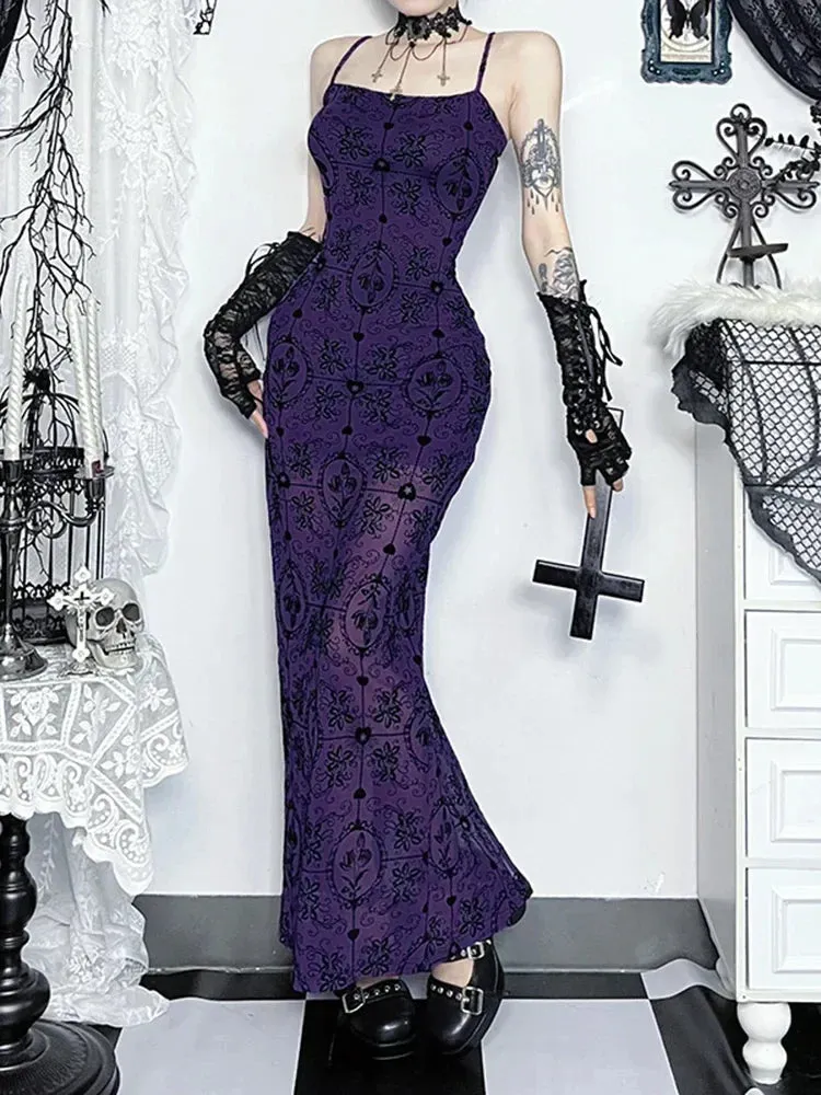 Flytonn Vintage Elegant Purple Flocking Dress Women Dark Gothic Aesthetic Strapless Bodycon Dress Sexy Evening Party Dress Femme