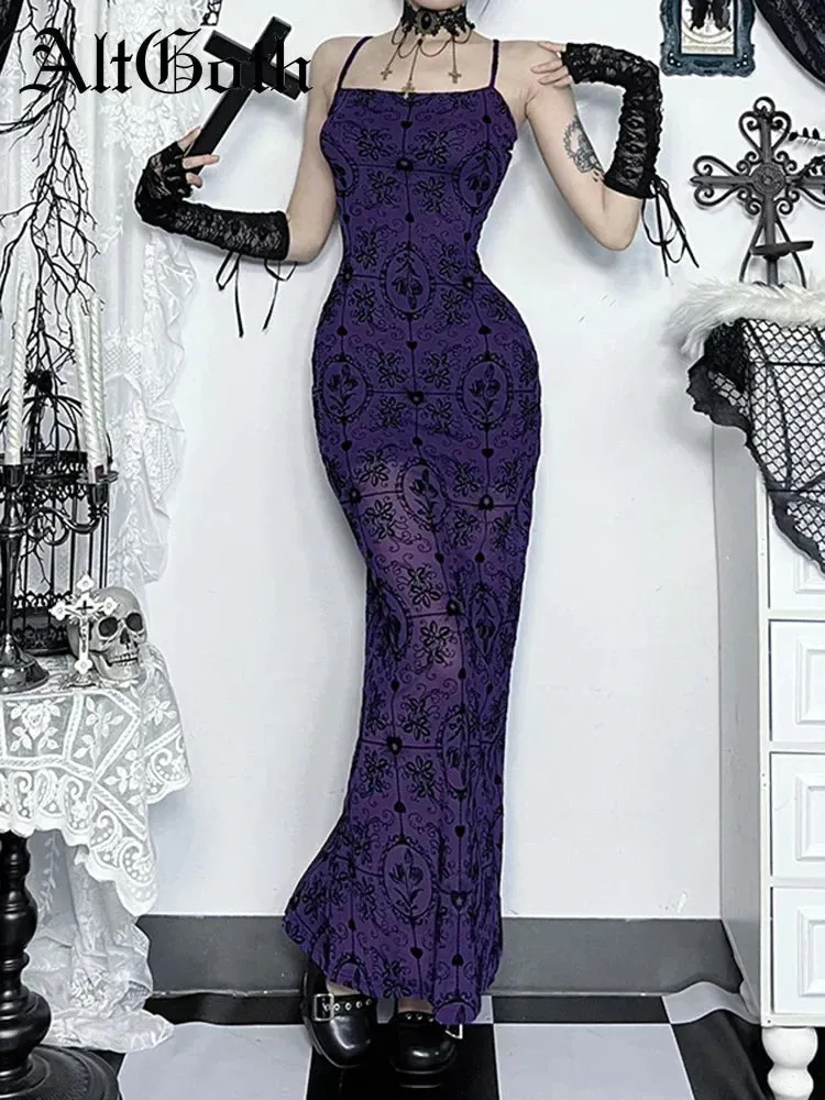 Flytonn Vintage Elegant Purple Flocking Dress Women Dark Gothic Aesthetic Strapless Bodycon Dress Sexy Evening Party Dress Femme