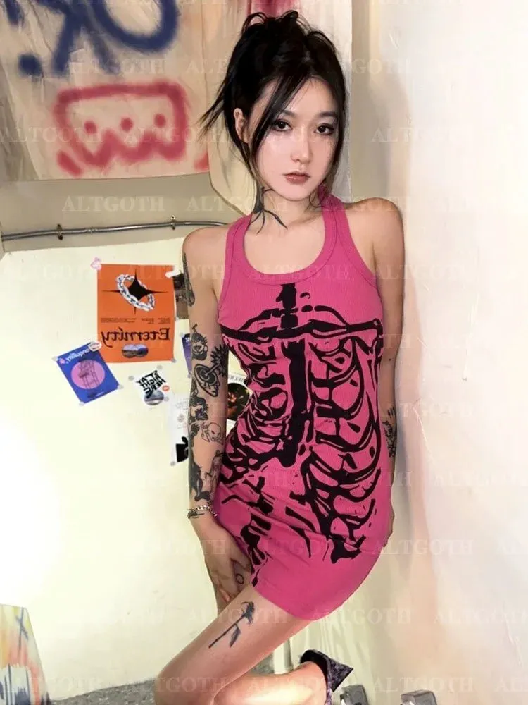 Flytonn Y2k 90s Hotsweet Pink Dress Women Gothic Streetwear Skeleton Printed Sleeveless Bodycon Emo Alt Harajuku Clubwear Female