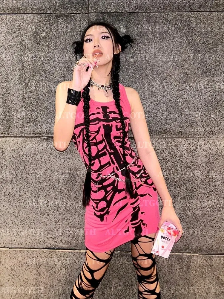 Flytonn Y2k 90s Hotsweet Pink Dress Women Gothic Streetwear Skeleton Printed Sleeveless Bodycon Emo Alt Harajuku Clubwear Female