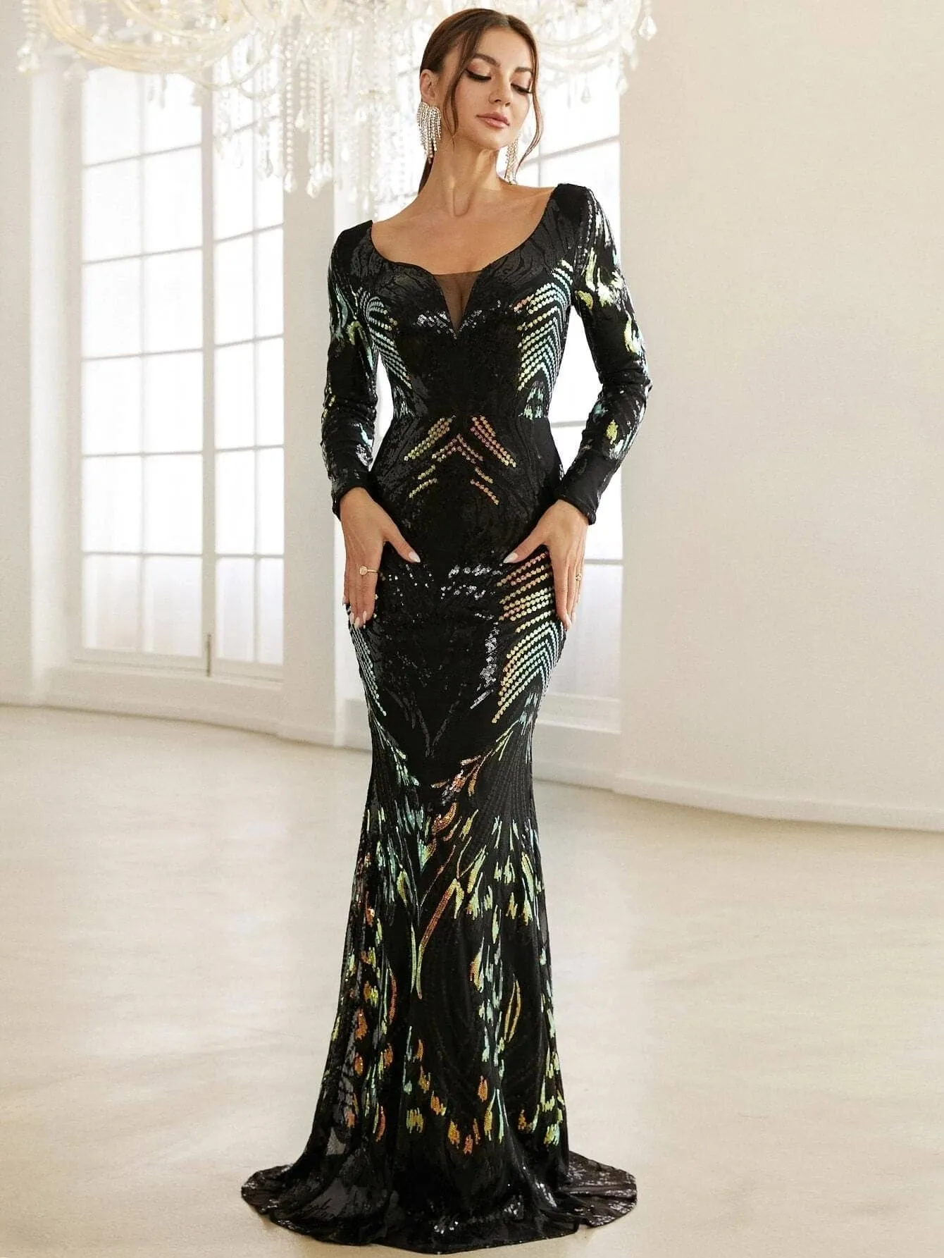 Formal Contrast Mesh Sequins Bodycon Evening Dress XH1683