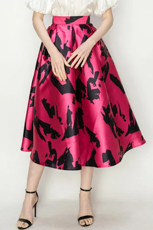 Fuchsia Multi Abstract Print High Waist Flared Midi Skirt