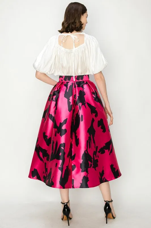 Fuchsia Multi Abstract Print High Waist Flared Midi Skirt