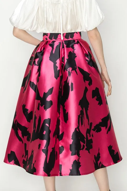 Fuchsia Multi Abstract Print High Waist Flared Midi Skirt