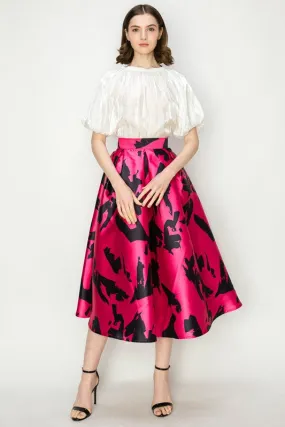 Fuchsia Multi Abstract Print High Waist Flared Midi Skirt