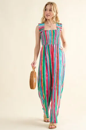 Full Size Striped Smocked Sleeveless Jumpsuit