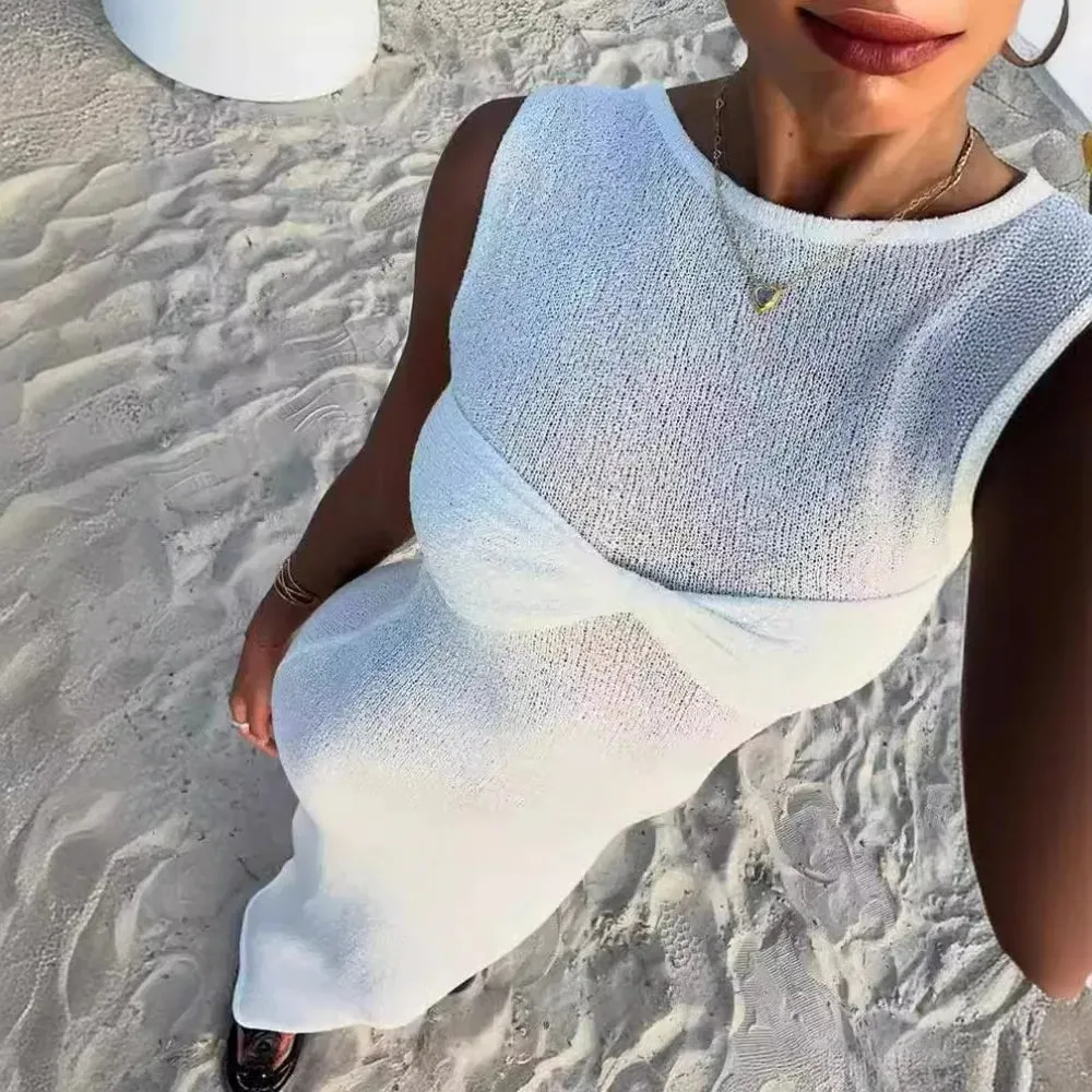 Girlary White Knitted Long Dress Women Sexy See Through Slim Beach Dress Summer Elegant Fashion Sleeveless Holiday Outfits 2024 Pink