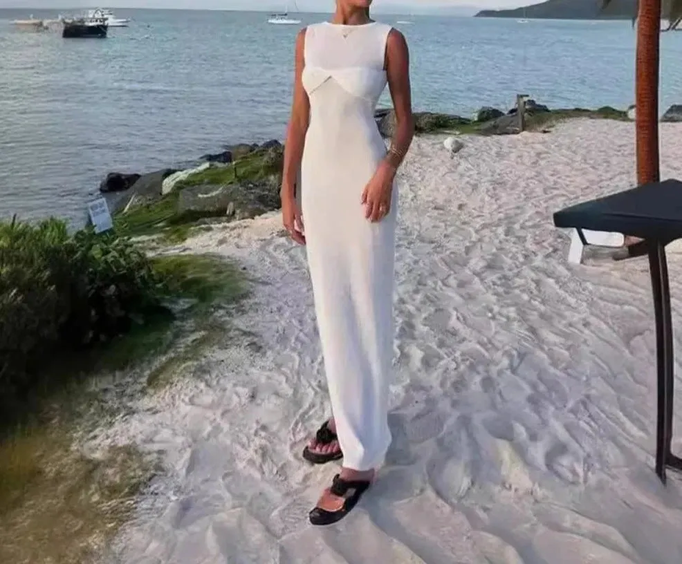 Girlary White Knitted Long Dress Women Sexy See Through Slim Beach Dress Summer Elegant Fashion Sleeveless Holiday Outfits 2024 Pink