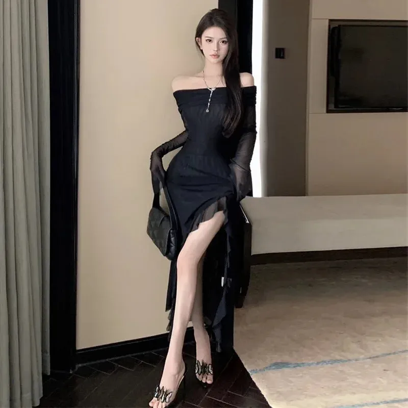 Girlary Women Black Sexy Long Dress Off Shoulder Elegant Irregular Ruffle Split Evening Party Dresses Bodycon Gothic Lace Dress