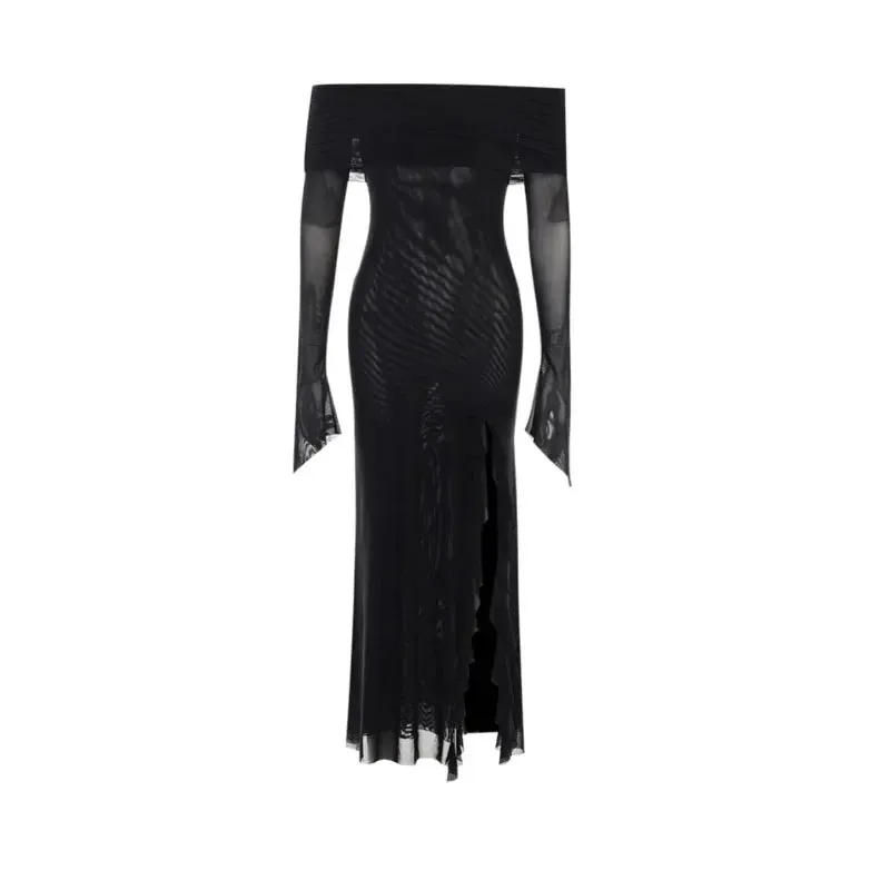 Girlary Women Black Sexy Long Dress Off Shoulder Elegant Irregular Ruffle Split Evening Party Dresses Bodycon Gothic Lace Dress