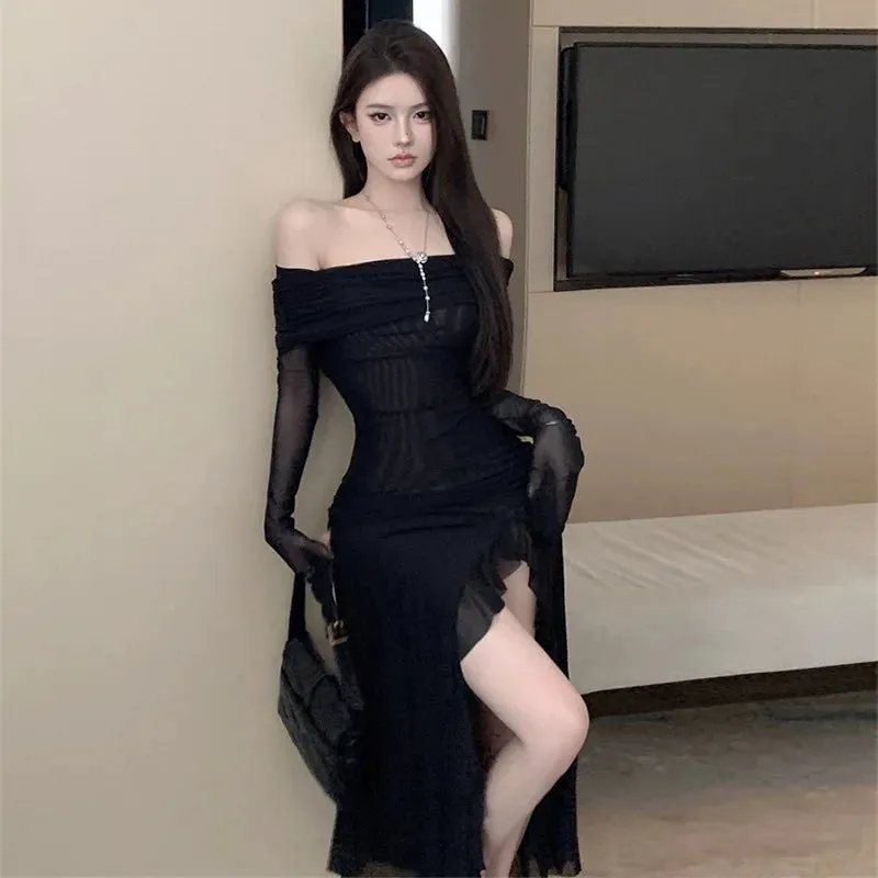 Girlary Women Black Sexy Long Dress Off Shoulder Elegant Irregular Ruffles Split Evening Party Dresses Bodycon Gothic Lace Dress