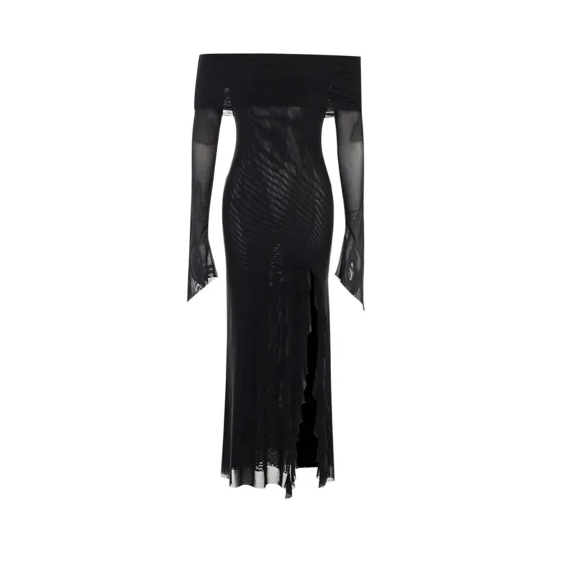 Girlary Women Black Sexy Long Dress Off Shoulder Elegant Irregular Ruffles Split Evening Party Dresses Bodycon Gothic Lace Dress