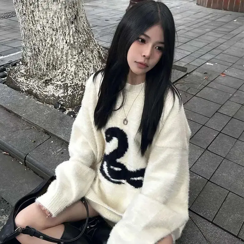 Girlary Y2k White Gothic Print Women Sweater Oversized Harajuku Korean Fashion Knitted Pullovers Snake Autumn Warm Streetwear