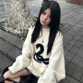 Girlary Y2k White Gothic Print Women Sweater Oversized Harajuku Korean Fashion Knitted Pullovers Snake Autumn Warm Streetwear