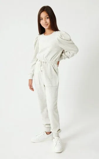 Girl's Puff Sleeve Jumpsuit - Light Heather Grey