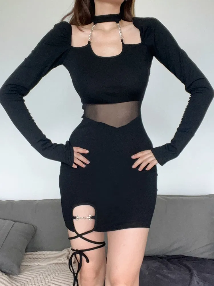 Gothic Asymmetrical Bodycon Halter Neck Dress