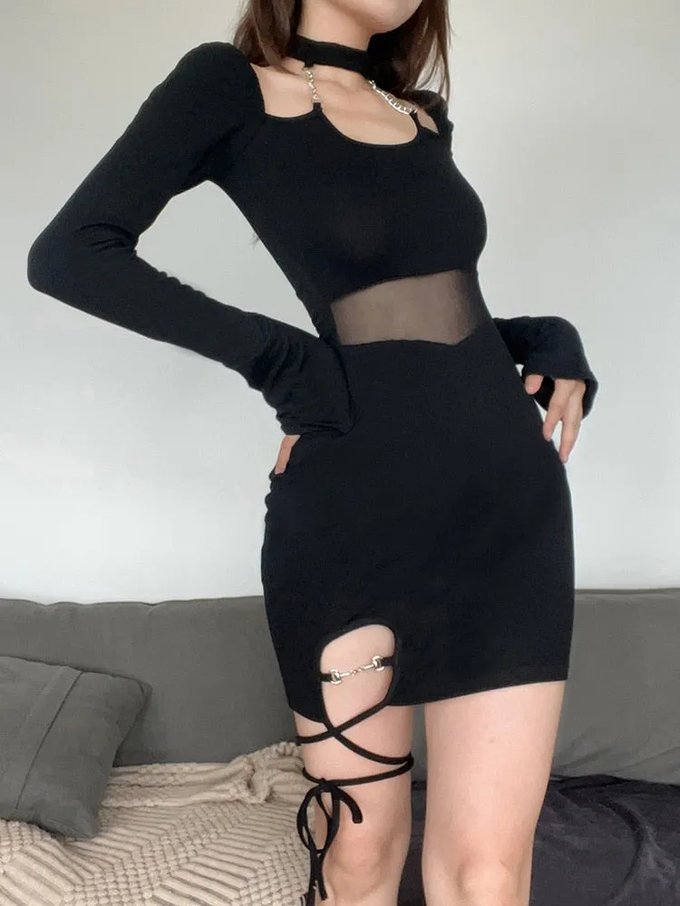 Gothic Asymmetrical Bodycon Halter Neck Dress