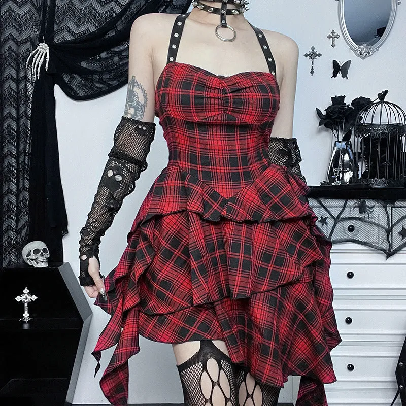 Gothic Backless Bib Plaid Poncho Medium Dress