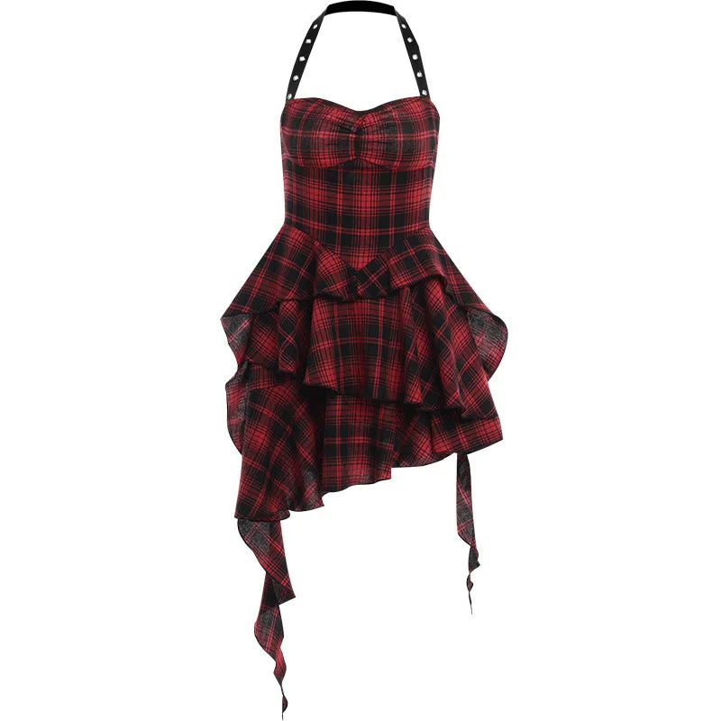 Gothic Backless Bib Plaid Poncho Medium Dress