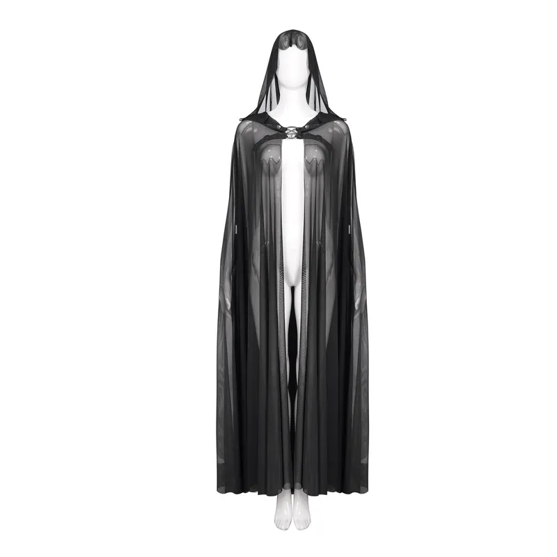 Gothic Long Cloak with Hood / Elegant Women's Buckles Sheer Cape / Black Cloak with Pentagram