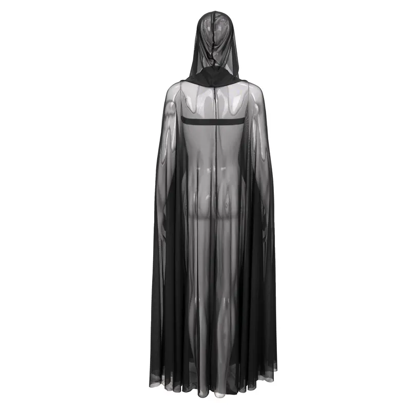 Gothic Long Cloak with Hood / Elegant Women's Buckles Sheer Cape / Black Cloak with Pentagram