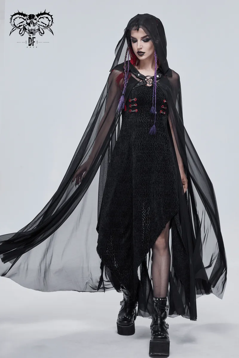 Gothic Long Cloak with Hood / Elegant Women's Buckles Sheer Cape / Black Cloak with Pentagram