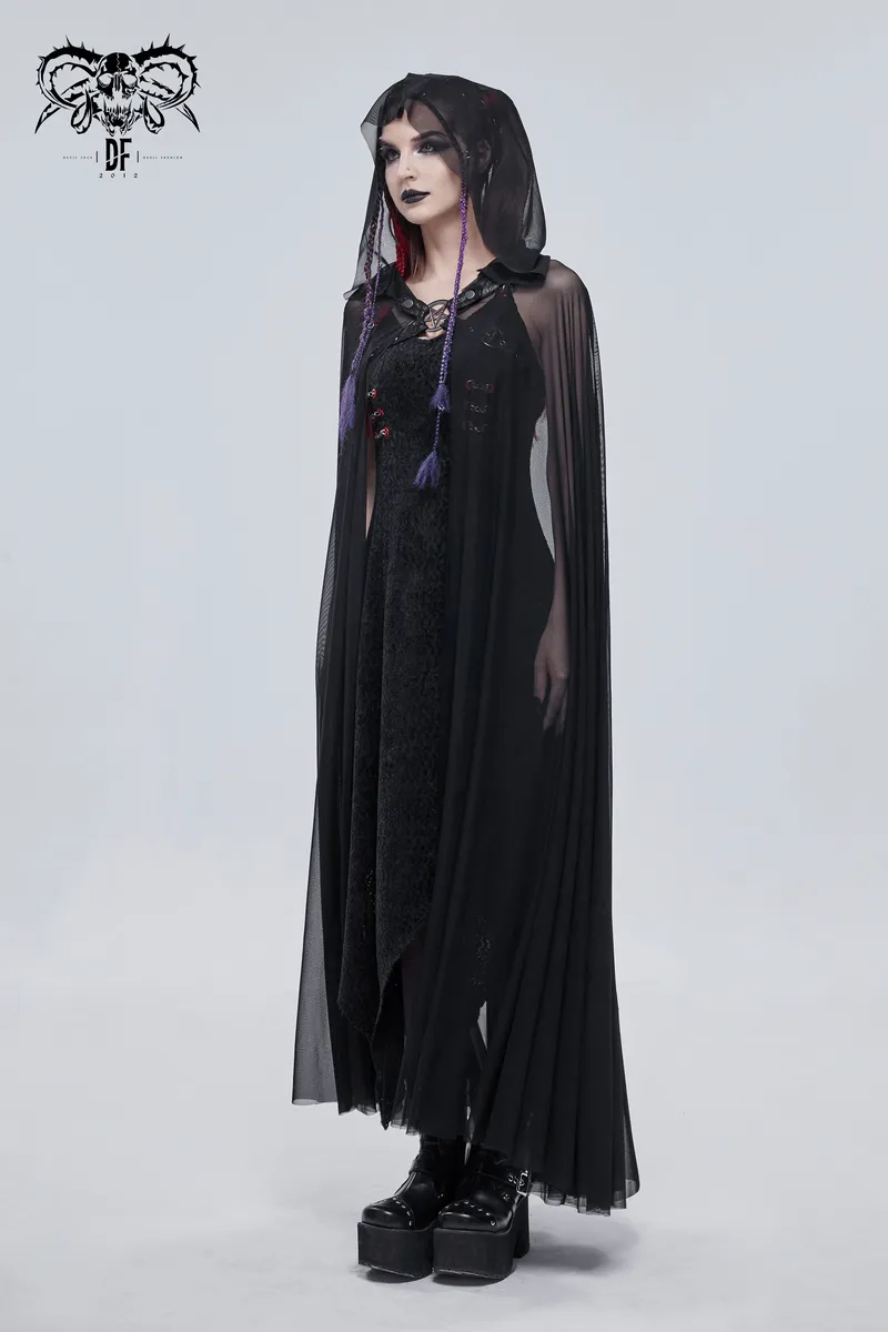 Gothic Long Cloak with Hood / Elegant Women's Buckles Sheer Cape / Black Cloak with Pentagram