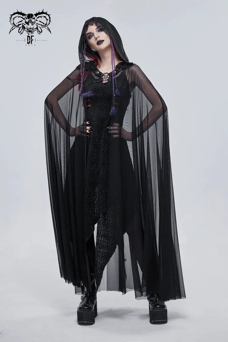 Gothic Long Cloak with Hood / Elegant Women's Buckles Sheer Cape / Black Cloak with Pentagram