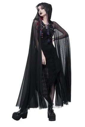 Gothic Long Cloak with Hood / Elegant Women's Buckles Sheer Cape / Black Cloak with Pentagram