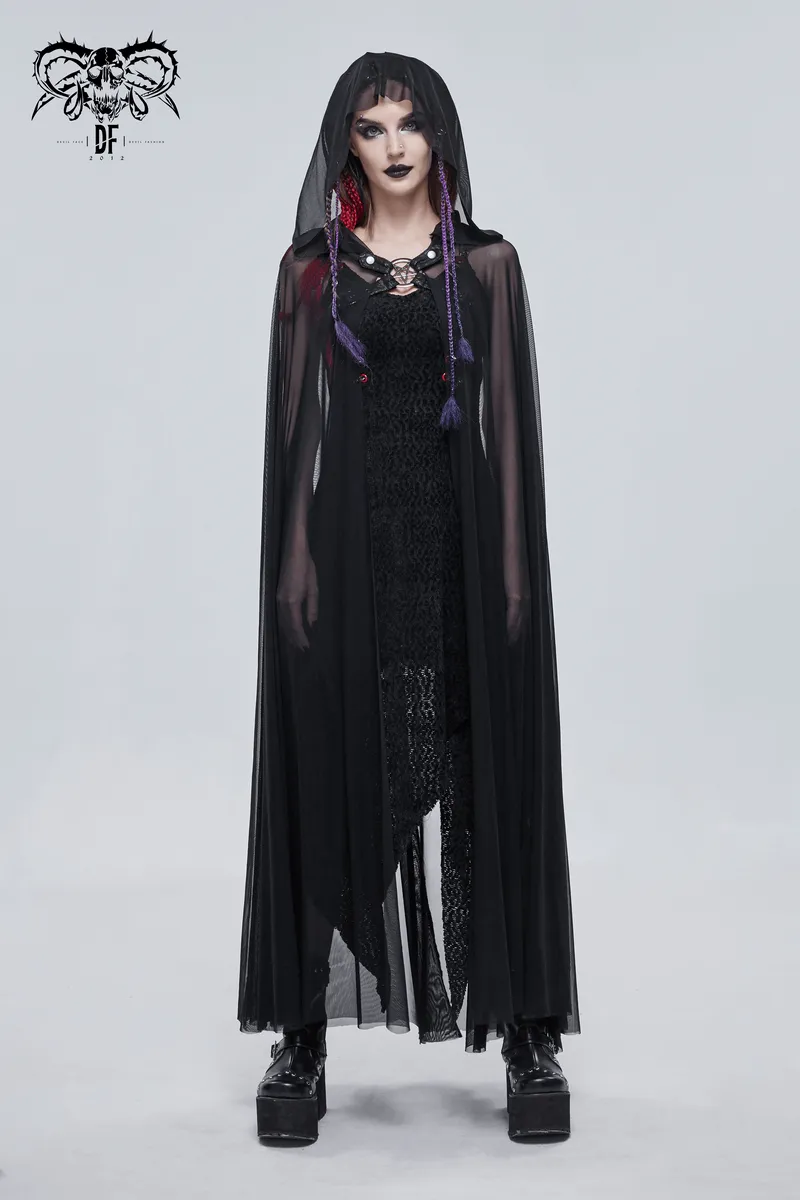 Gothic Long Cloak with Hood / Elegant Women's Buckles Sheer Cape / Black Cloak with Pentagram