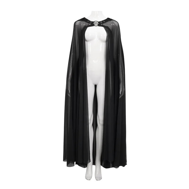 Gothic Long Cloak with Hood / Elegant Women's Buckles Sheer Cape / Black Cloak with Pentagram