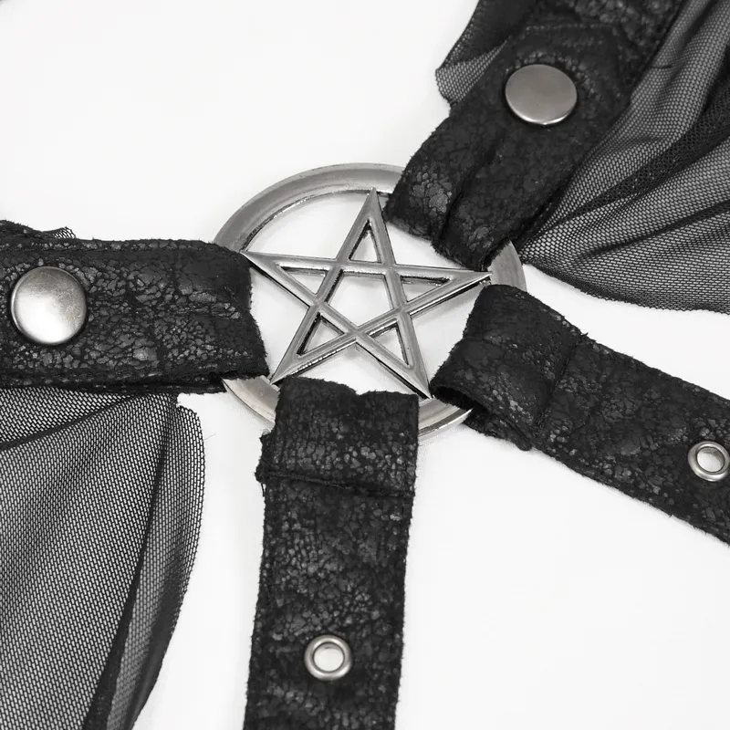 Gothic Long Cloak with Hood / Elegant Women's Buckles Sheer Cape / Black Cloak with Pentagram