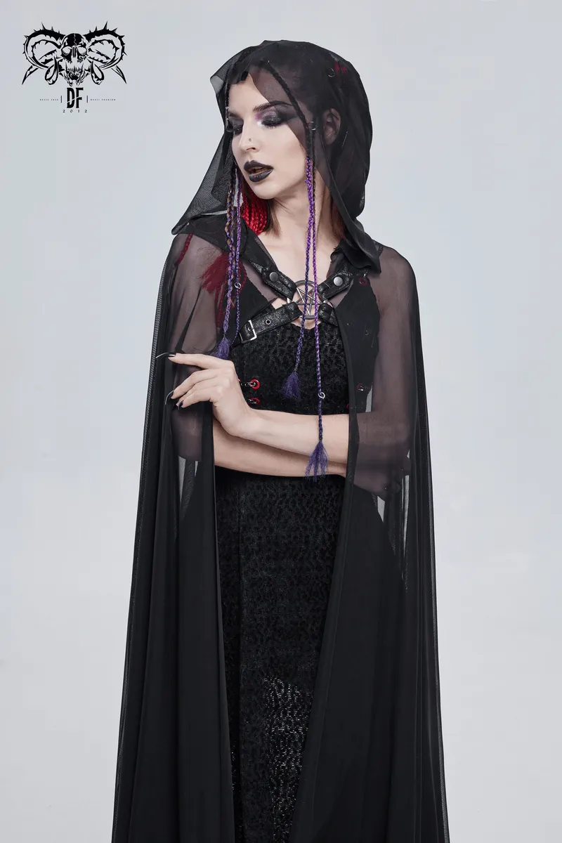 Gothic Long Cloak with Hood / Elegant Women's Buckles Sheer Cape / Black Cloak with Pentagram