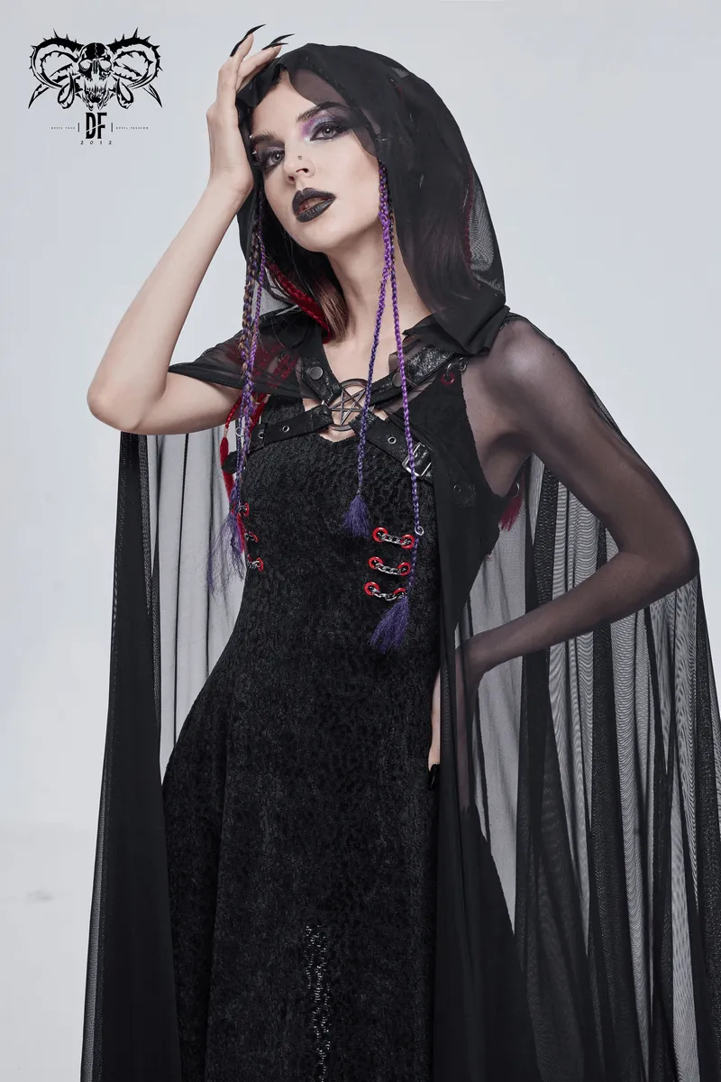 Gothic Long Cloak with Hood / Elegant Women's Buckles Sheer Cape / Black Cloak with Pentagram